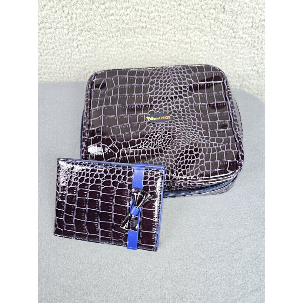 SeneGence Cosmetic Makeup Travel Bag Zipper Case With Mirror Set Faux Crocodile